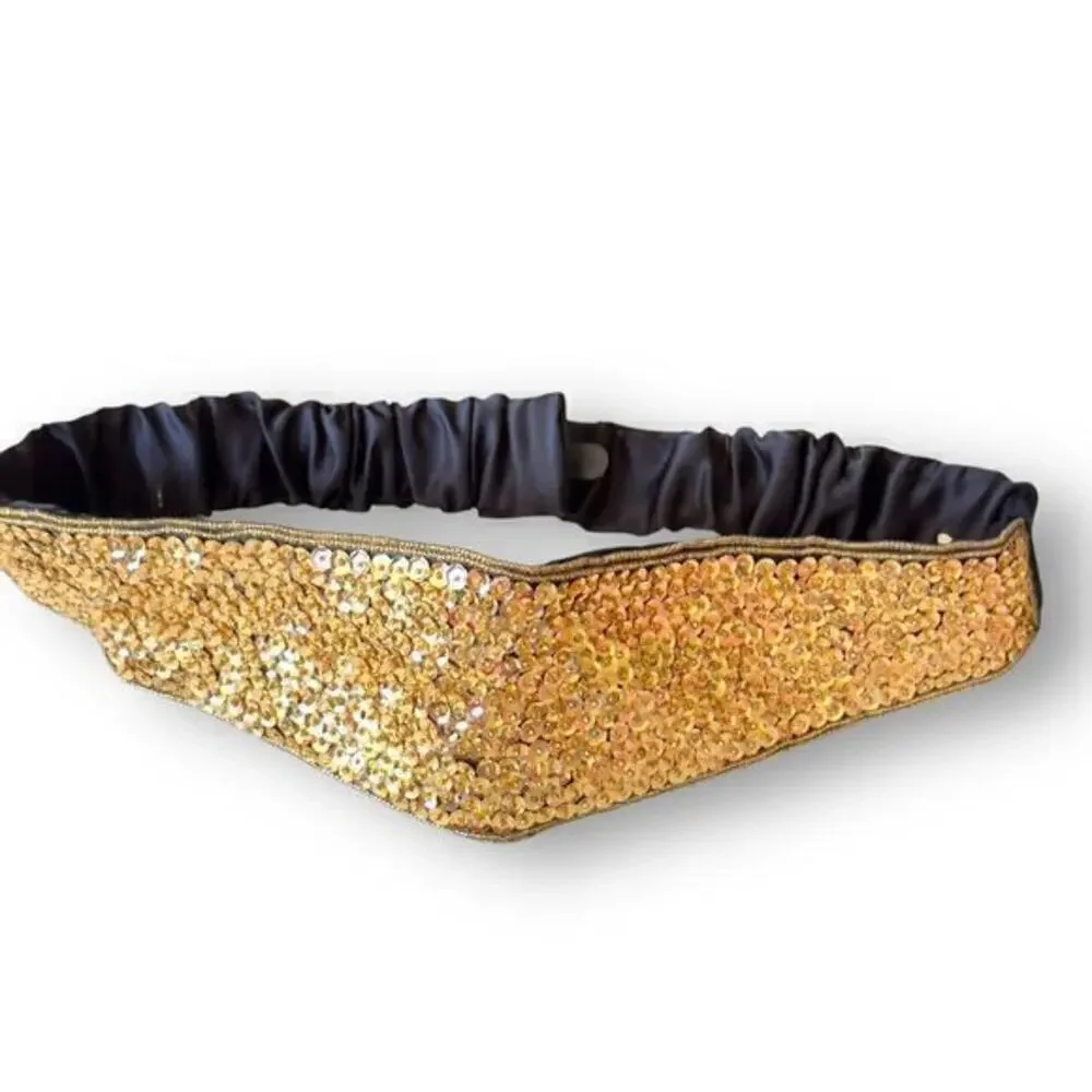 Vintage 1980s Gold Sequin Cummerbund Fashion Belt Black Satin Elastic Small